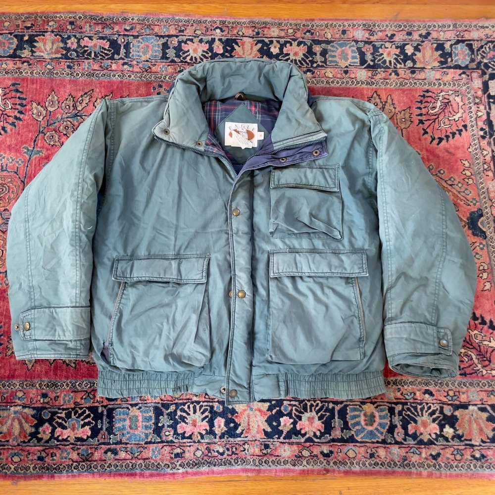 VTG 80s 90s Eagle Pass Down Insulated Faded Puffer Field Jacket Green Plaid XL